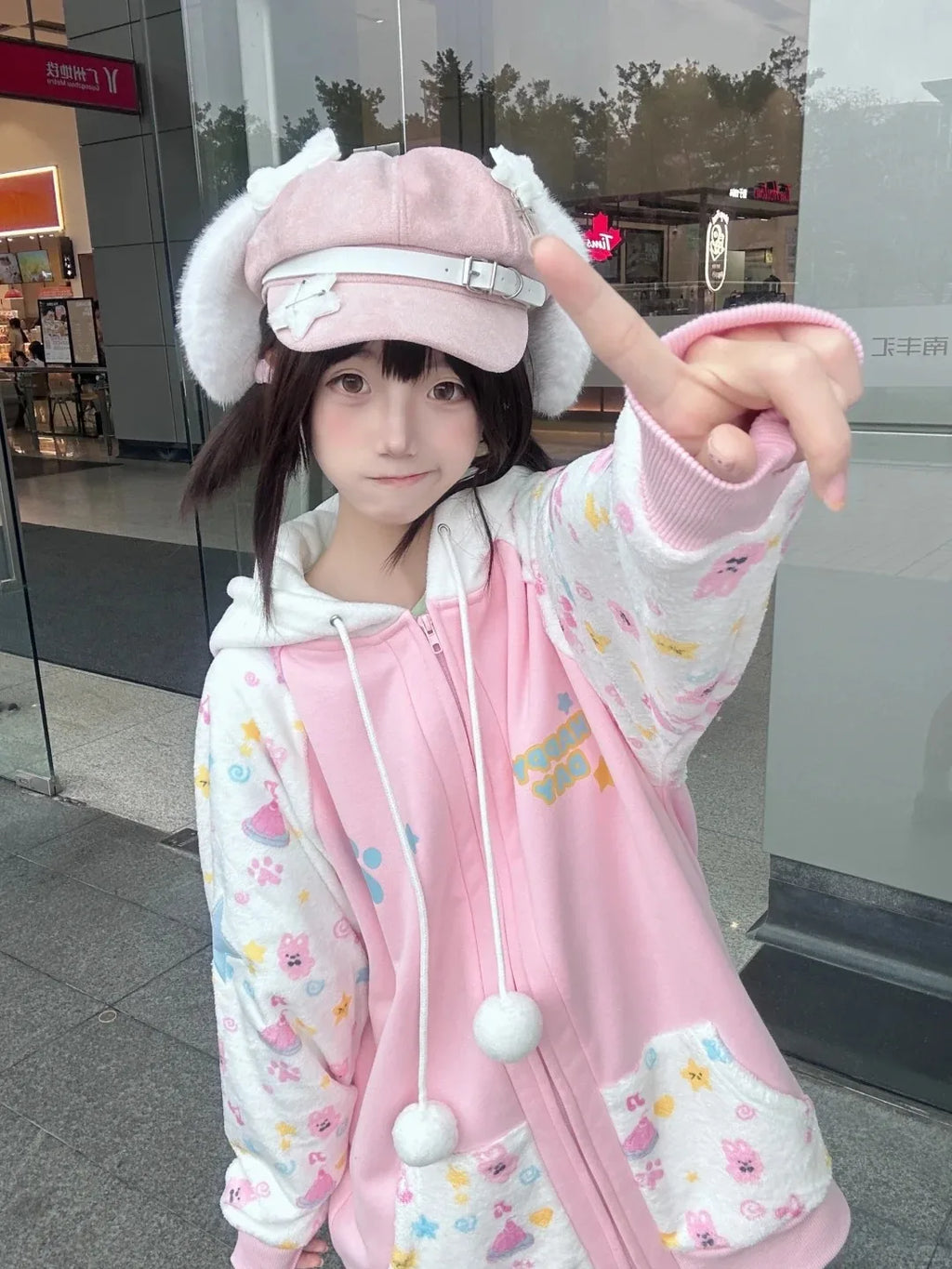 Pink Kawaii Cartoon Print Zip-Up Hoodie