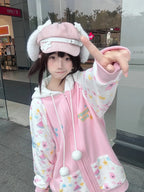 Pink Kawaii Cartoon Print Zip-Up Hoodie