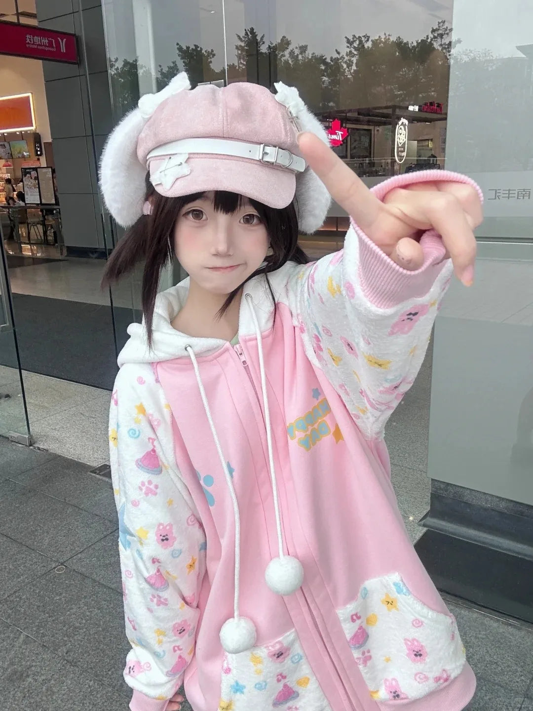 Pink Kawaii Cartoon Print Zip-Up Hoodie