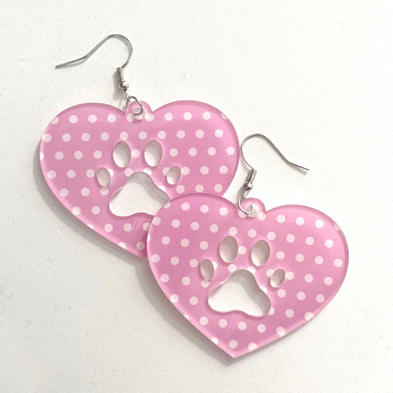 Kawaii Pink Polka Dot Heart Cat Paw Drop Earrings