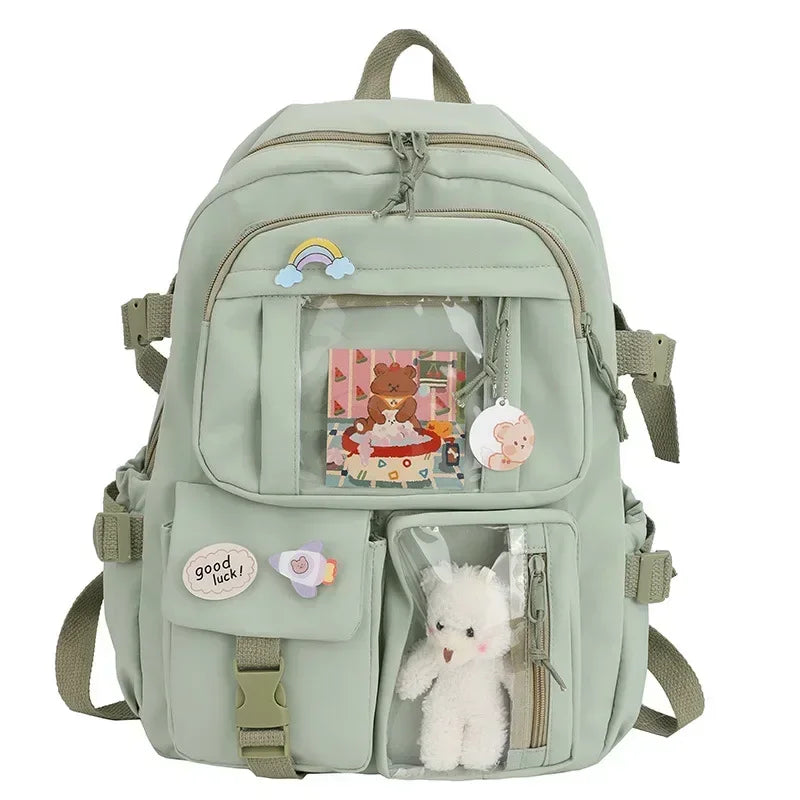 Kawaii Multi-Pocket Nylon Backpack with Clear Display Pockets