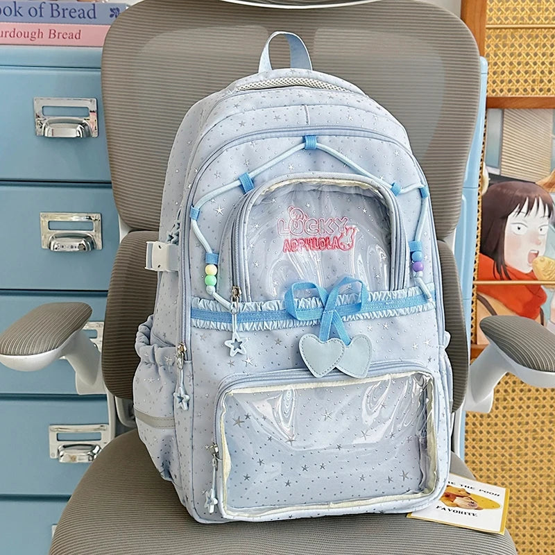 Kawaii Star-Print Multi-Pocket Backpack with Bow and Reflective Details