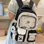 Kawaii Star Print Lace-Trim Backpack with Plush Front Pocket