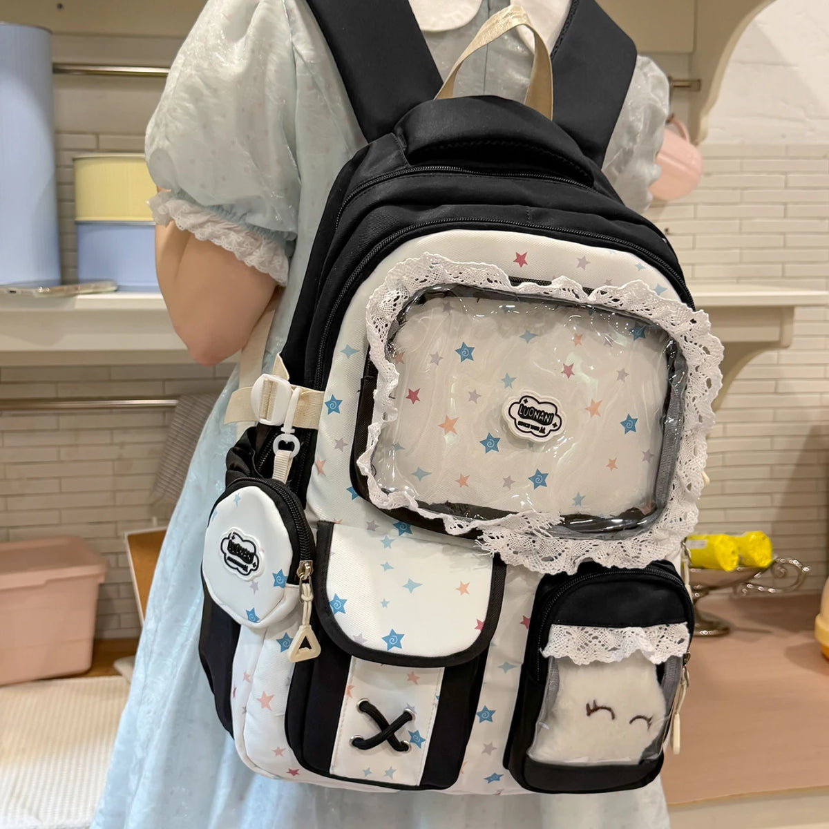 Kawaii Star Print Lace-Trim Backpack with Plush Front Pocket