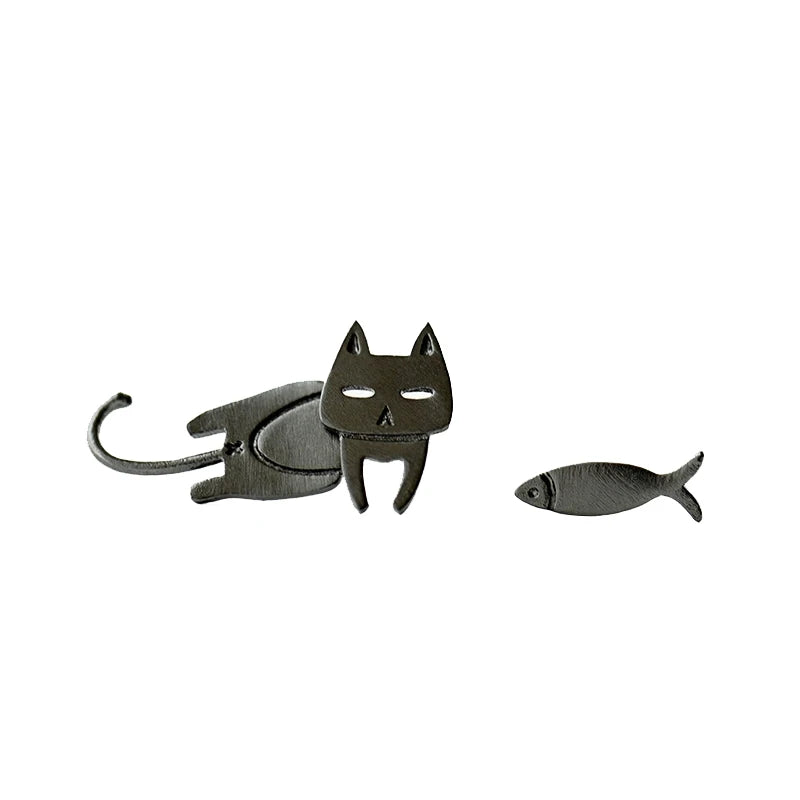 Kawaii Cat and Fish Stud Earrings in 925 Sterling Silver