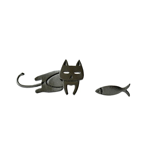Kawaii Cat and Fish Stud Earrings in 925 Sterling Silver