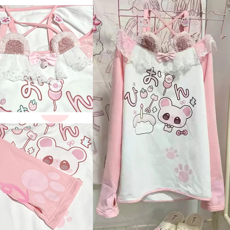 Pink Kawaii Graphic Long-Sleeve Top with Lace Trim