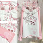 Pink Kawaii Graphic Long-Sleeve Top with Lace Trim