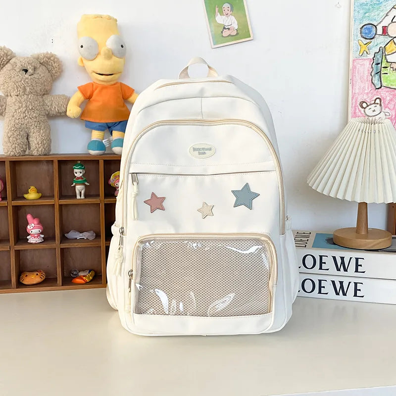 Kawaii Star Appliqué Backpack with Clear Front Pocket