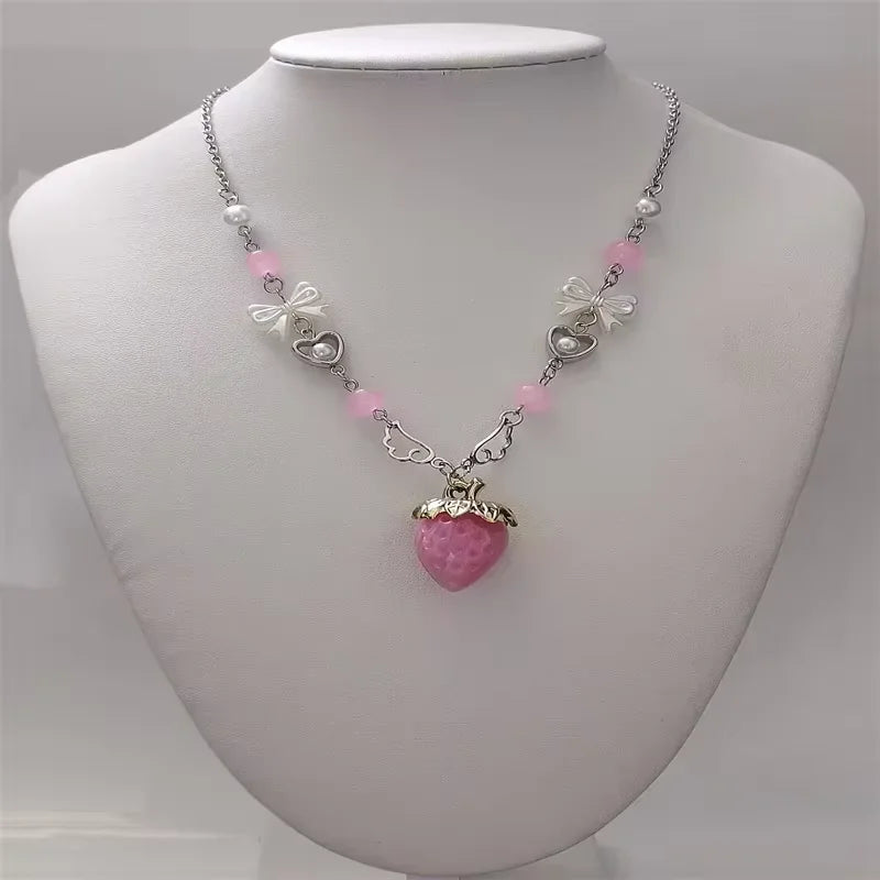 Kawaii Pink Strawberry Pendant Necklace with Bow and Heart Details