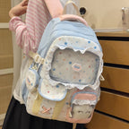 Kawaii Star Print Lace-Trim Backpack with Plush Front Pocket
