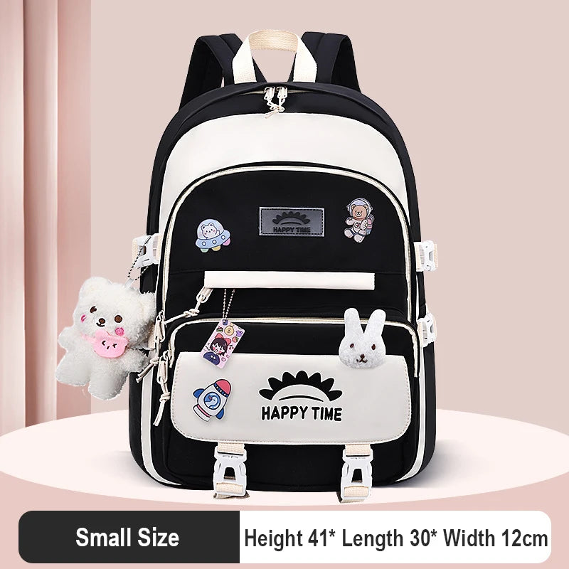 Kawaii Multi-Pocket Nylon Backpack with Bear & Bunny Charms