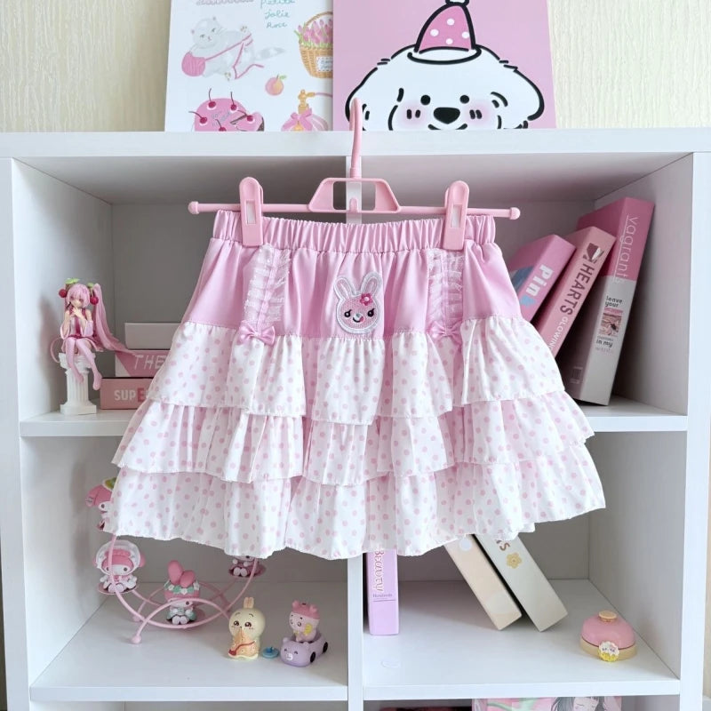 Kawaii Pink Polka Dot Ruffle Mini Skirt with Bunny Appliqué