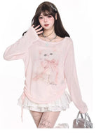 Kawaii Pink Cat Print Long-Sleeve T-Shirt