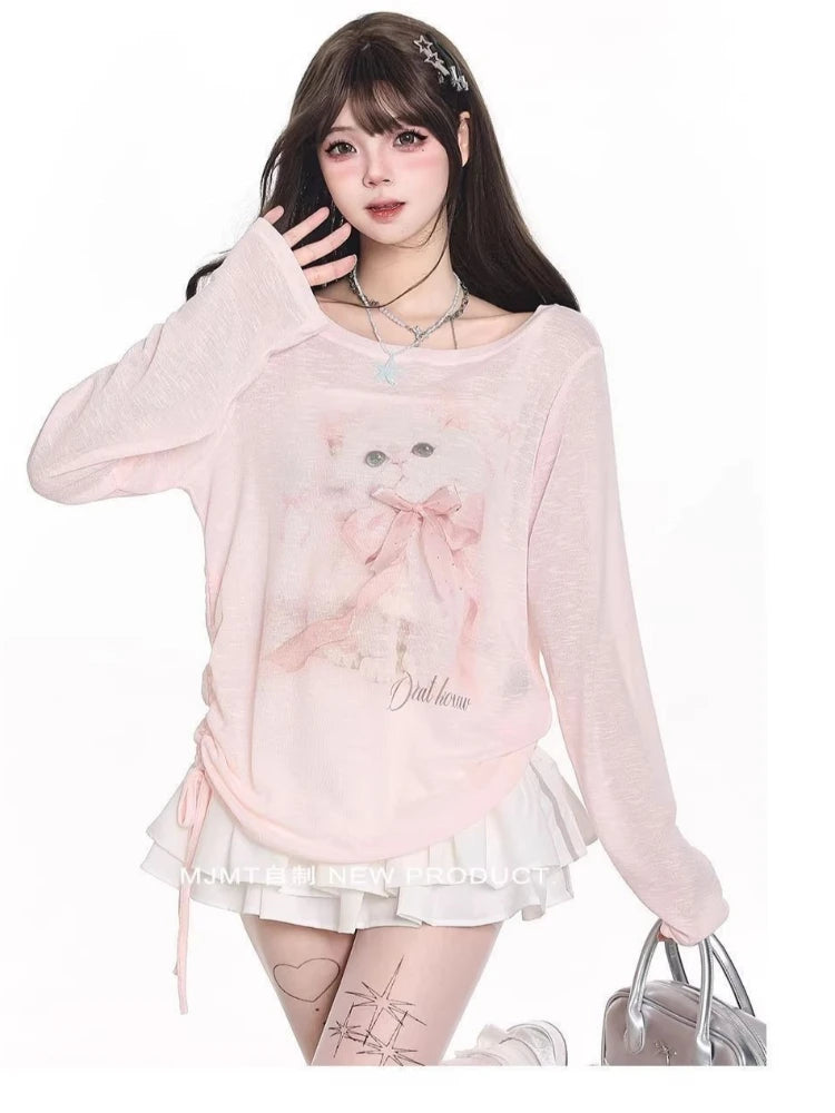 Kawaii Pink Cat Print Long-Sleeve T-Shirt