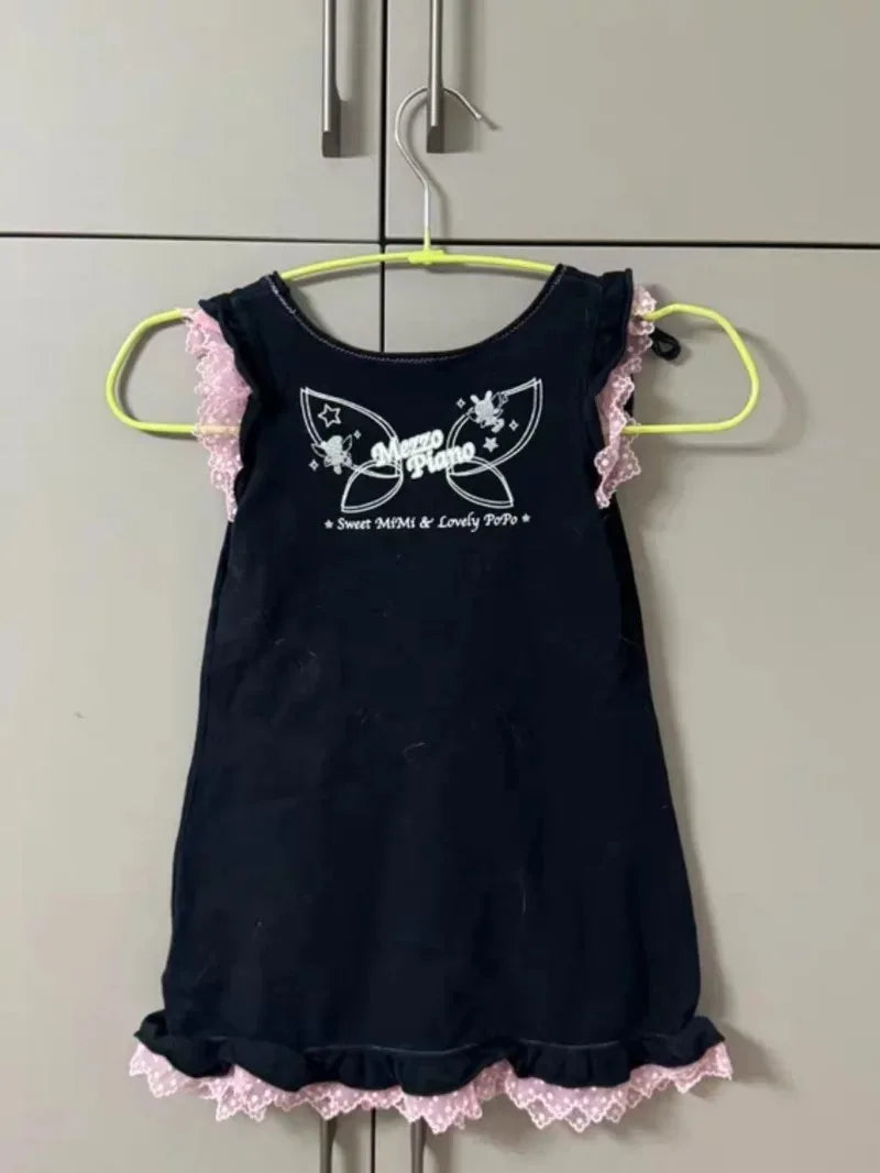 Kawaii Black Sleeveless Cartoon Print Dress with Lace Trim