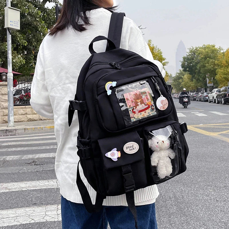 Kawaii Multi-Pocket Nylon Backpack with Laptop Compartment