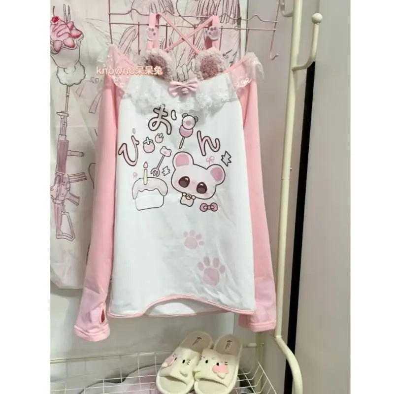 Pink Kawaii Graphic Long-Sleeve Top with Lace Trim