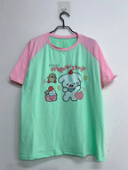 Kawaii Mint Green and Pink Raglan Cartoon Graphic T-Shirt