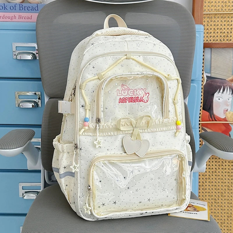 Kawaii Star-Print Multi-Pocket Backpack with Bow and Reflective Details