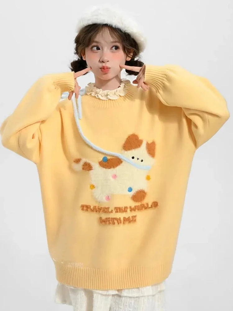Kawaii Yellow Cartoon Cat Knit Sweater