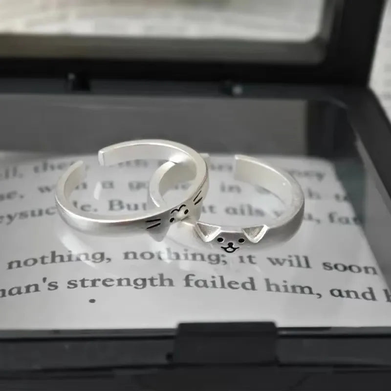 Kawaii Adjustable Silver-Tone Cat and Dog Rings