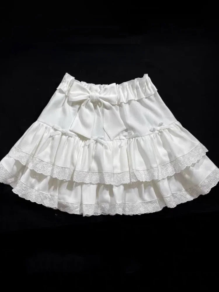 Milk White Kawaii Lolita Pleated Ruffle Skirt with Bow