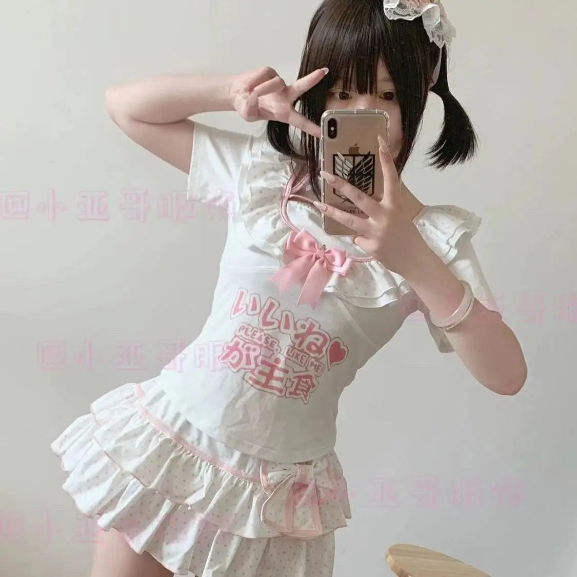 Kawaii White Polka-Dot Ruffle Mini Skirt with Pink Bow