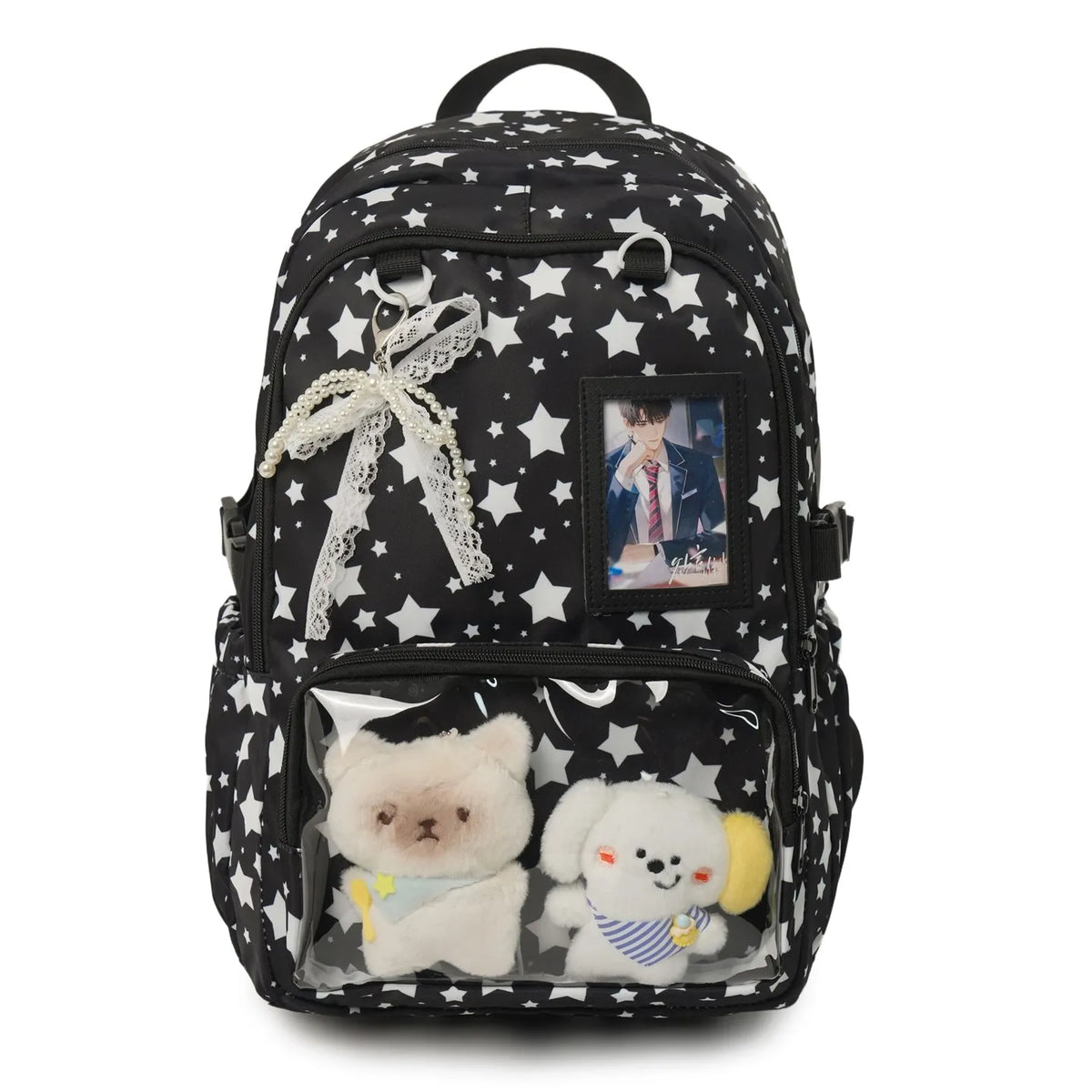 Star Print Kawaii Backpack with Clear Front Pocket, Lace Bow & Plush Display