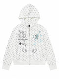Kawaii Women's White Polka-Dot Graphic Zip Hoodie