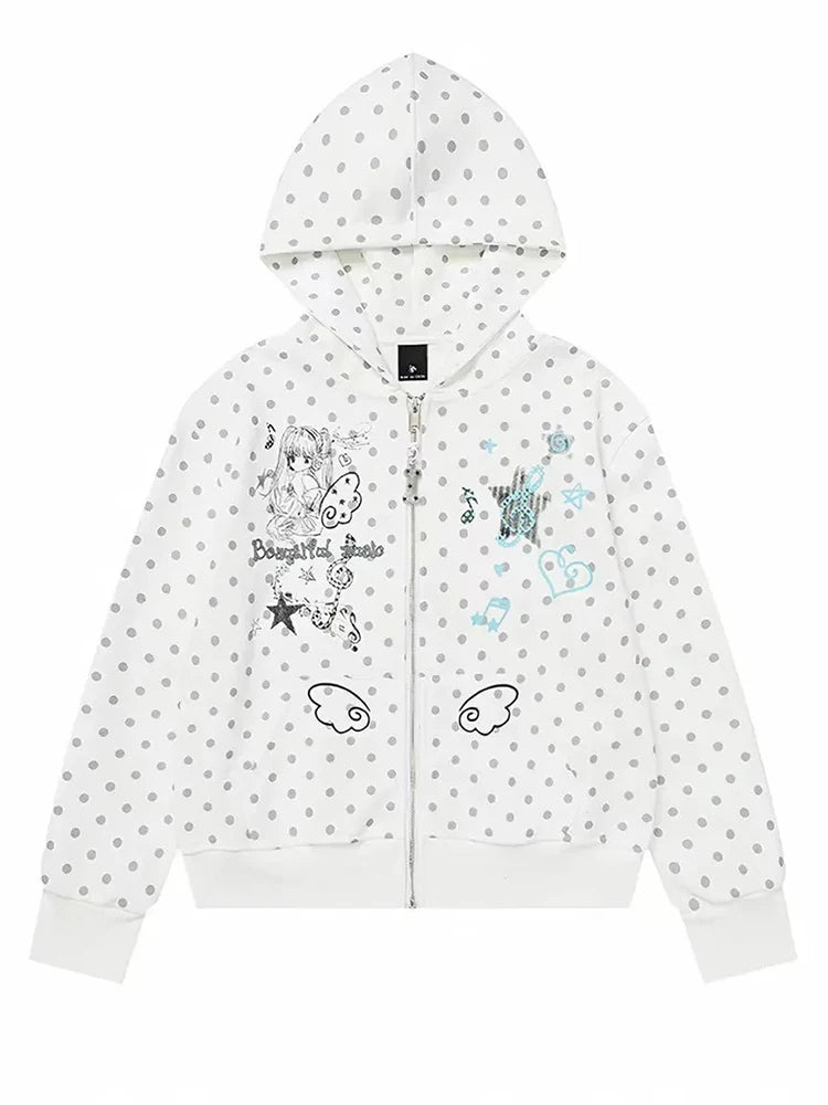 Kawaii Women's White Polka-Dot Graphic Zip Hoodie