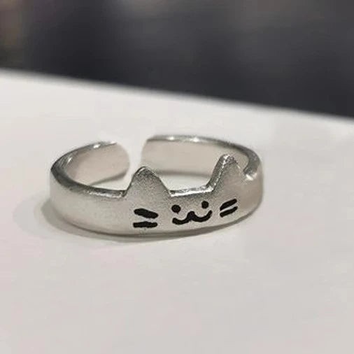 Kawaii Adjustable Silver Cat and Dog Couple Rings