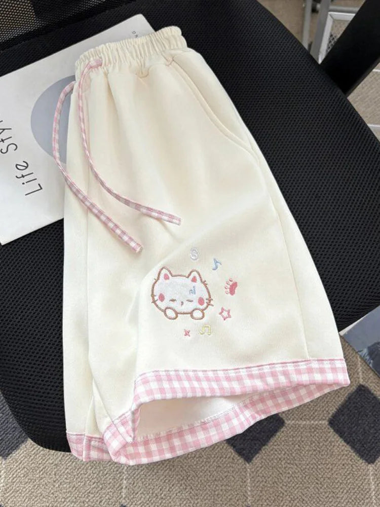 Kawaii Women's High-Waist Cartoon Embroidered Shorts - Apricot