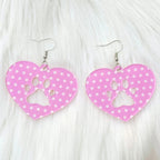 Kawaii Pink Polka Dot Heart Cat Paw Drop Earrings