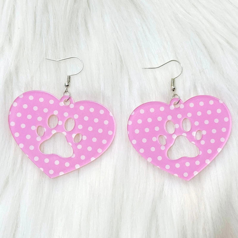 Kawaii Pink Polka Dot Heart Cat Paw Drop Earrings