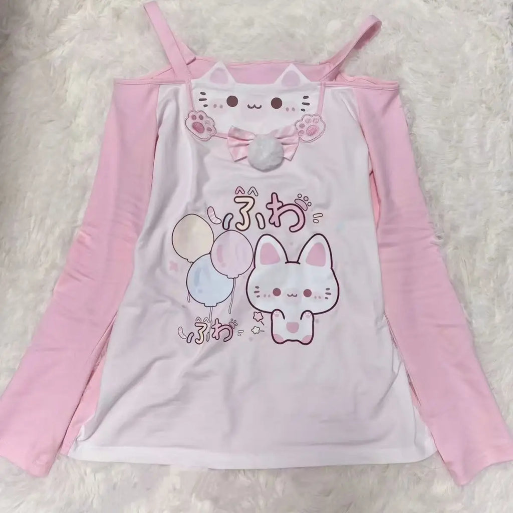 Kawaii Pink Cat Graphic Long-Sleeve Top