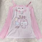 Kawaii Pink Cat Graphic Long-Sleeve Top