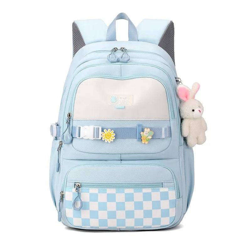 Kawaii Plaid Nylon School Backpack with Bunny Charm