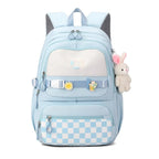 Kawaii Plaid Nylon School Backpack with Bunny Charm
