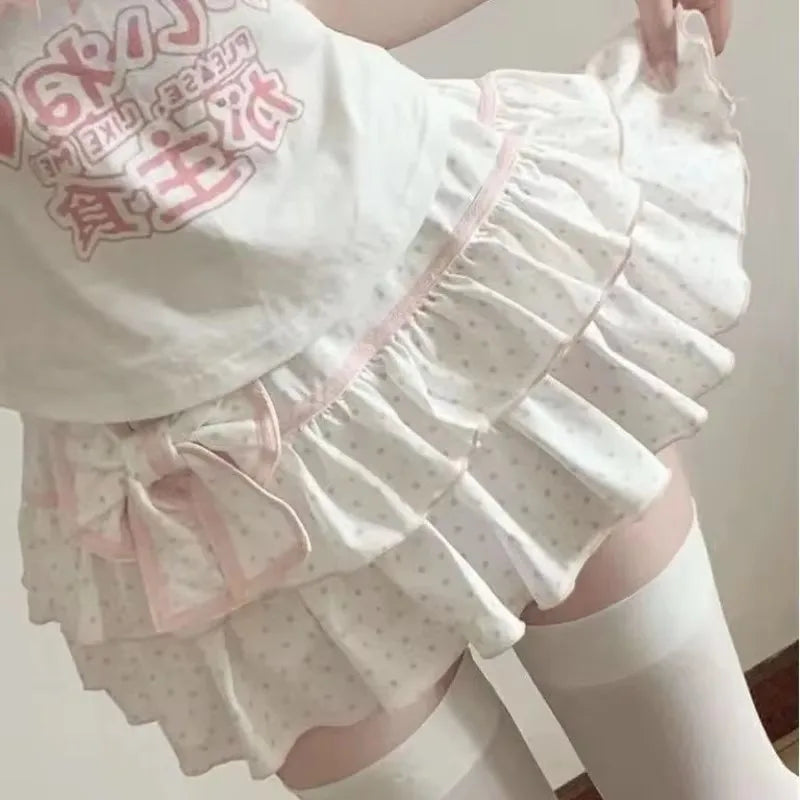 Kawaii Polka Dot Ruffle Mini Skirt with Bow