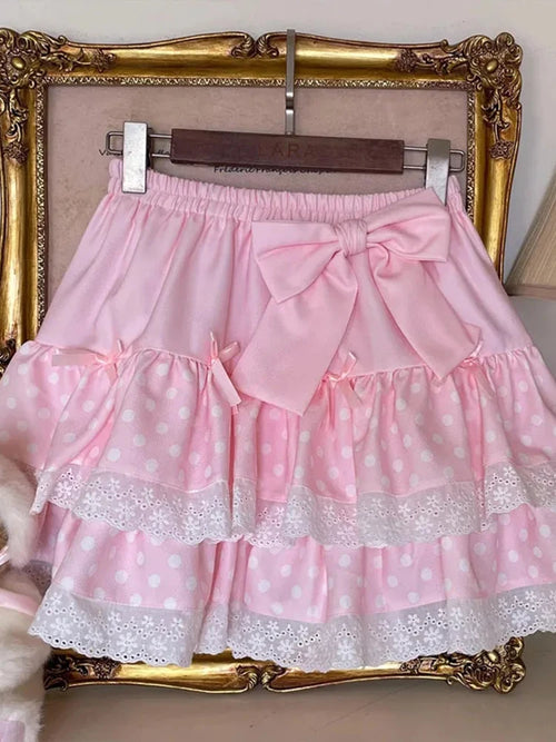 Kawaii Bow Polka-Dot Tiered Mini Skirt