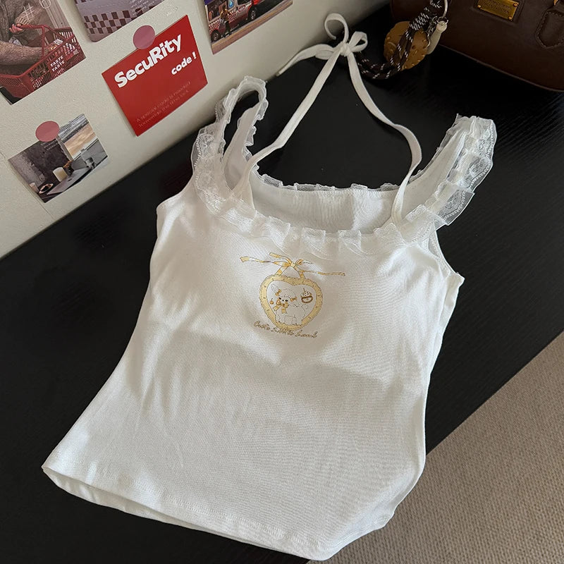 Kawaii Cartoon Lace Trim Camisole Top