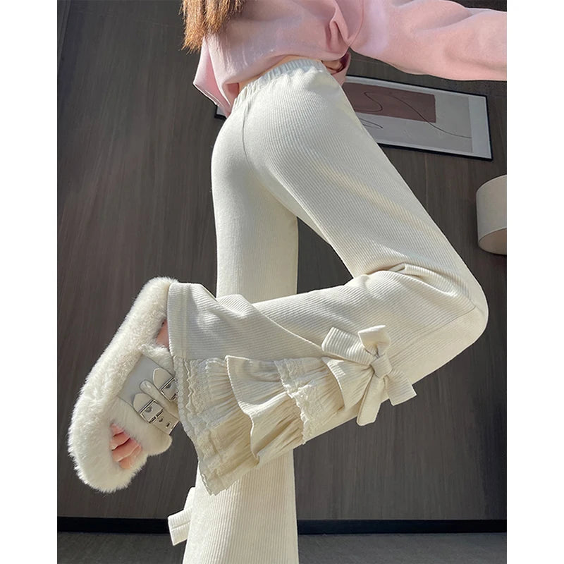 Kawaii Corduroy Flare Pants with Bow and Lace Trim