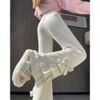 Kawaii Corduroy Flare Pants with Bow and Lace Trim