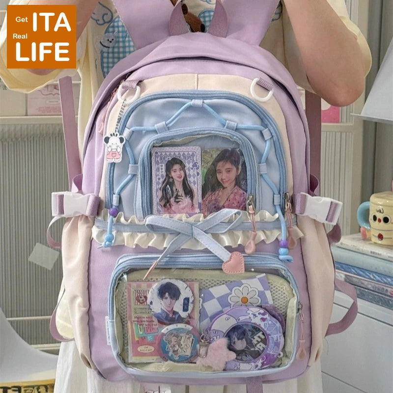 Kawaii Ita Backpack with Clear Display Pockets and Ruffle Bow Detail