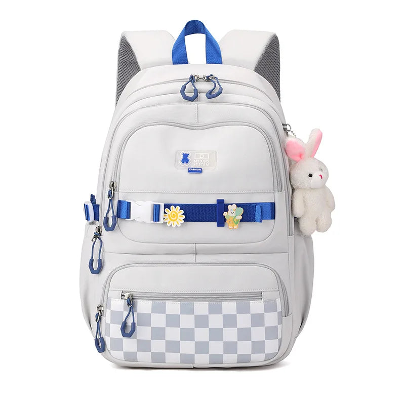 Kawaii Plaid Nylon School Backpack with Bunny Charm