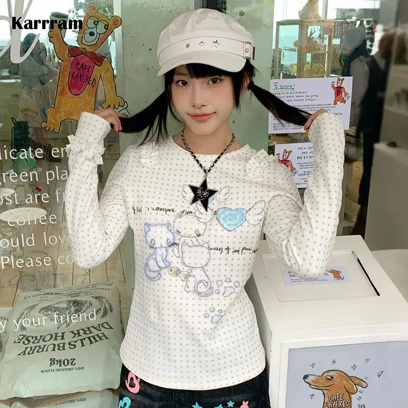 Kawaii Women's White Cat-Print Polka-Dot Knit Long-Sleeve T-Shirt