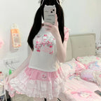 Kawaii Pink Polka Dot Ruffle Mini Skirt with Bunny Appliqué