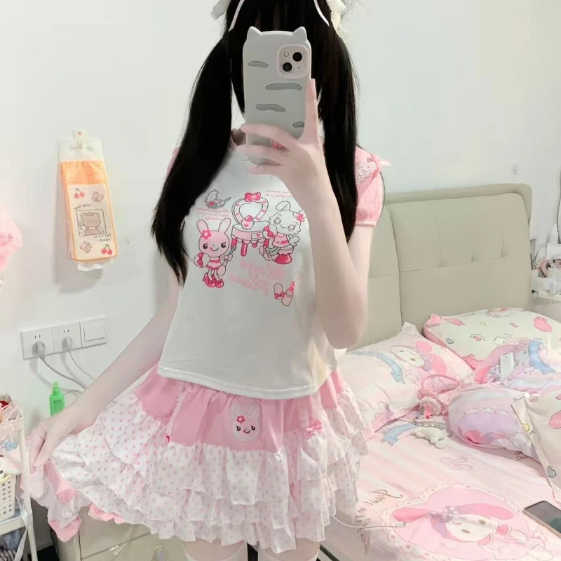 Kawaii Pink Polka Dot Ruffle Mini Skirt with Bunny Appliqué