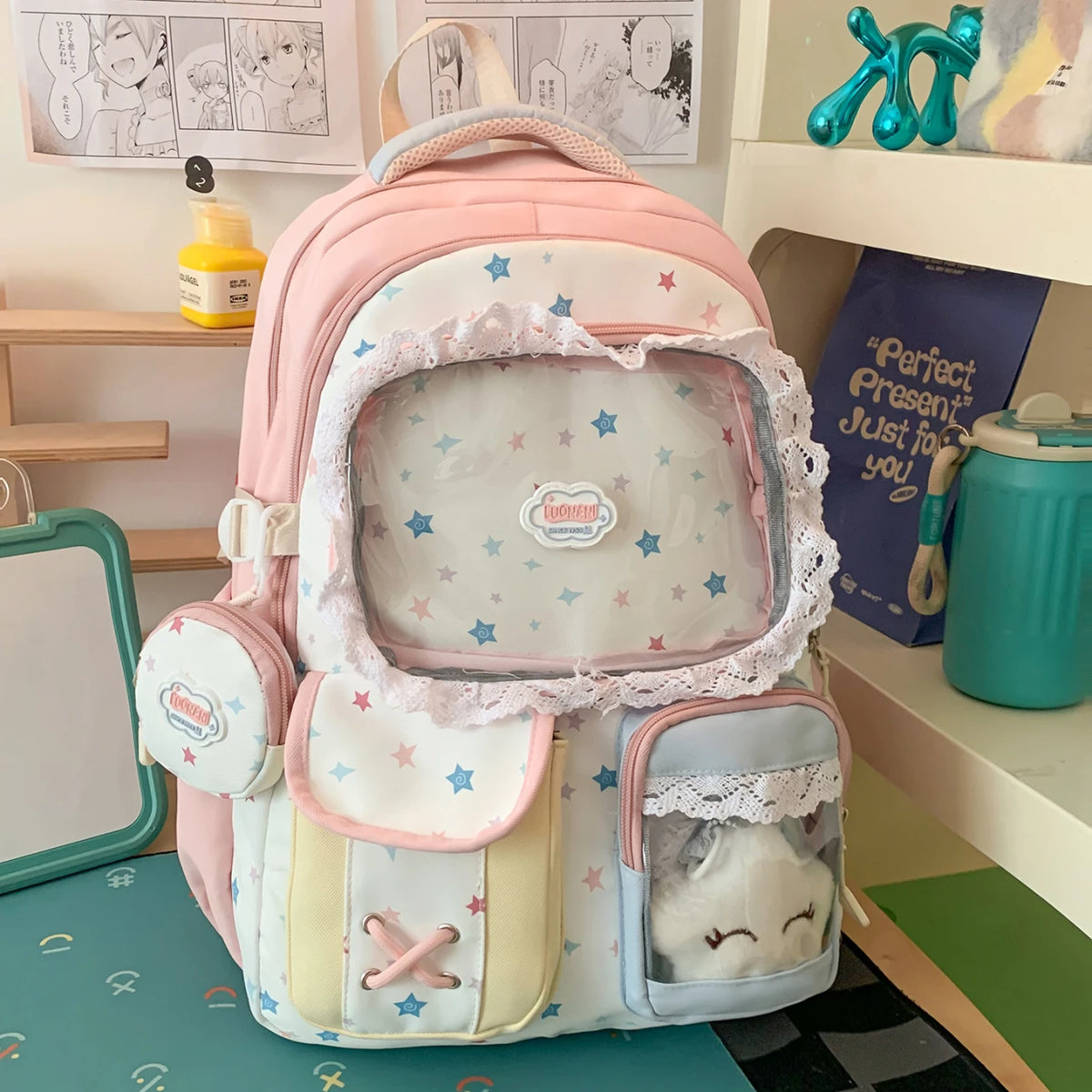 Kawaii Star Print Lace-Trim Backpack with Plush Front Pocket